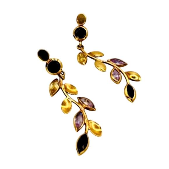 18k Yellow Gold Sapphire & CZ Leaf Post Back Earrings 3.4g - Picture 1 of 5